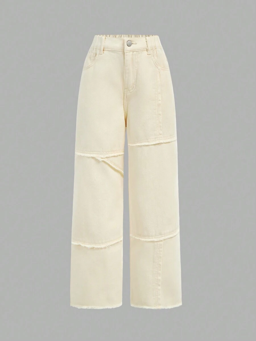 女童全年必备日常休闲简约浅卡其色短款宽腿牛仔裤，松紧腰身，原始下摆贴布细节和五个扁平口袋