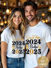 SHEIN LUNE 2025 New Year Casual Crew Neck Matching Parent-Child Short Sleeve T-Shirt, Suitable For Summer - White - View 1