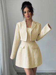 Elenzga 2 件套女士短款粗花呢夹克 + 迷你抹胸连衣裙 - 黃色 - 查看 3