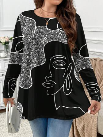 SHEIN Privé Casual Minimalist Retro Abstract Human Body Line Art Round Neck Loose Fit T-Shirt, Plus Size, Autumn/Winter