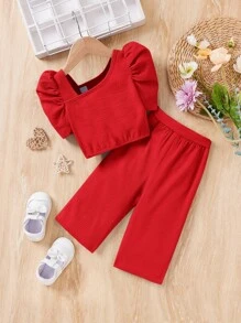 SHEIN 2 件套 Babygirl 休闲纯色纹理羊腿袖上衣和松紧腰裤套装，适合夏季