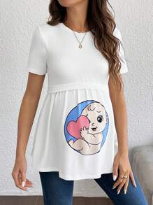 SHEIN Camiseta de maternidad de punto con estampado lindo, casual y de moda para uso diario - Blanco - Ver 4