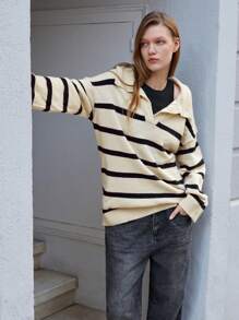 Maija 女士早春季节杏色和黑色条纹面料时尚百搭休闲撞色条纹 V 领蝙蝠袖宽松毛衣上衣节日 - 杏色 - 查看 3