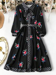 SHEIN Clasi 加大码优雅印花拼布衬衫裙，配领带、可调节腰带和前纽扣开合超长款女装 - 彩色 - 查看 8