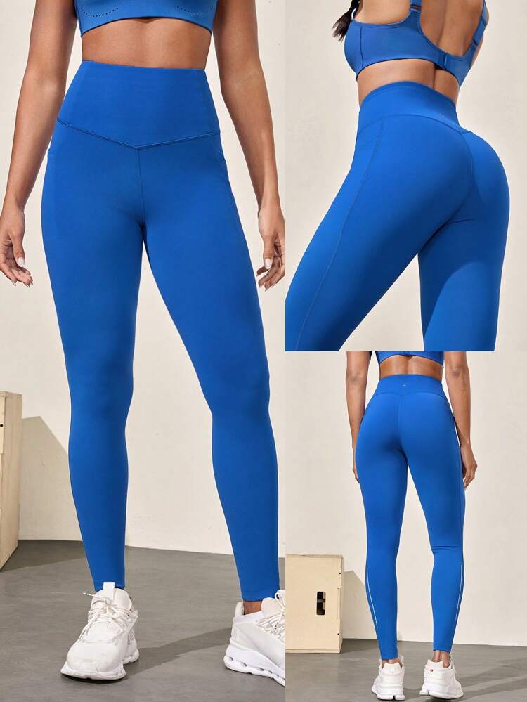 26" Powersculpt Running Leggings Side Pockets Reflective Medium Impact Training Workout Quick Dry Moisture Wicking Cool Feeling Gym