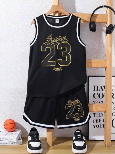 SHEIN 2pcs/Set Tween Boy Casual Loose Letter Graphic Tank Top And Shorts Set, Versatile For Commuting, School, Daily Wear, Sports, Spring/Summer