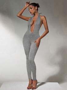 SHEIN SXY 秋季女装；连体衣深 V 领水钻女式黑色紧身衣；适合秋季休闲约会、聚会、活动 - 灰色 - 查看 4