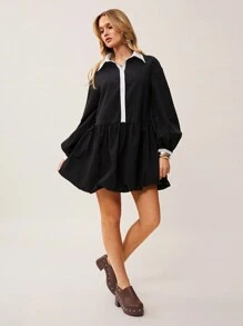 SHEIN Essnce Women's Collared Ruched Mini Dress,  Pleated Long Sleeve Button Up Mini Dress - Black - View 4