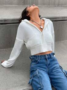 EURMUSE Cardigan Round Neck Hoodie And Zipper Detail - Beige - View 1