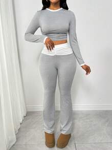 VaVaBold 2pcs Women Solid Crew Neck Long Sleeve Top And Pants Casual Set