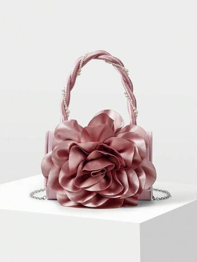 MOTF PREMIUM STYLISH 3D FLOWER FAUX PEARL CHAIN EVENING CLUTCH BAG, ELEGANT PROM BAG