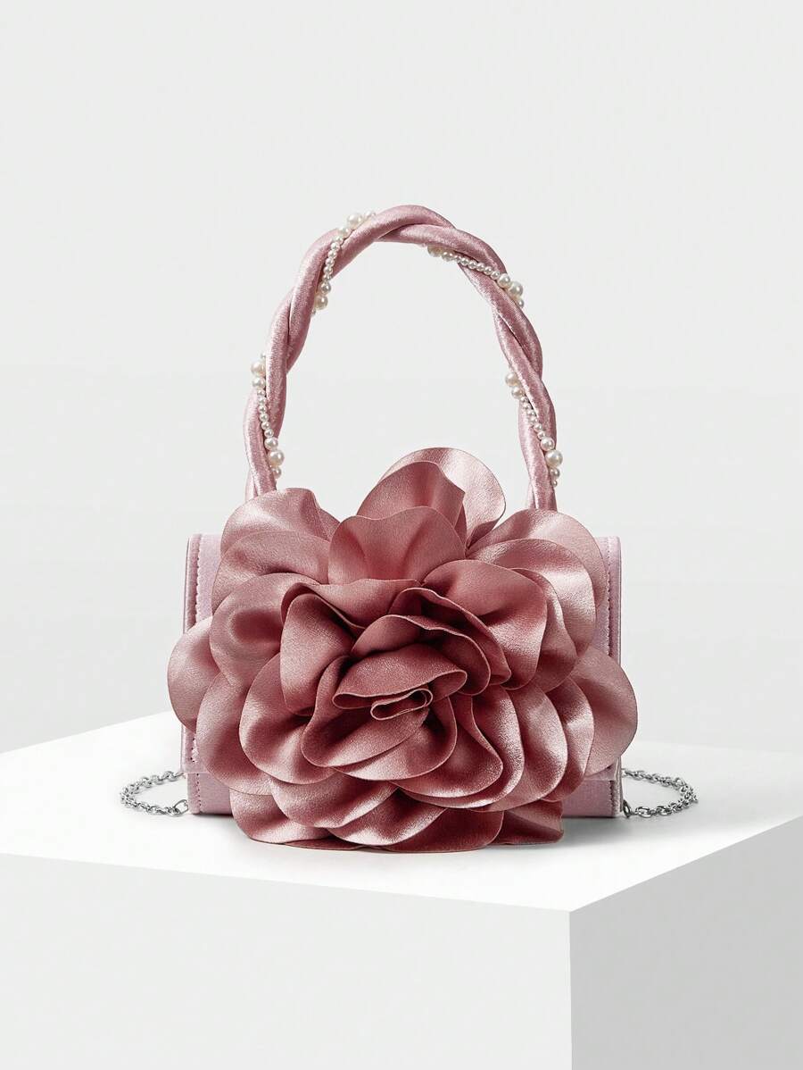 MOTF PREMIUM STYLISH 3D FLOWER FAUX PEARL CHAIN EVENING CLUTCH BAG, ELEGANT PROM BAG