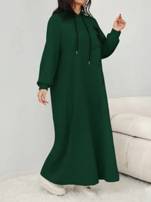 Mulvari Plus Size Casual Drawstring Hoodie Dress For Autumn - Dark Green - View 3