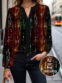 Glamance Warp Atelie Women Multicolor Blouses Long Sleeve Notched Casual Plain,All Over Print,Colorblock Summer Outfits For Women Summer Tops Going Out - Multicolor - View 1