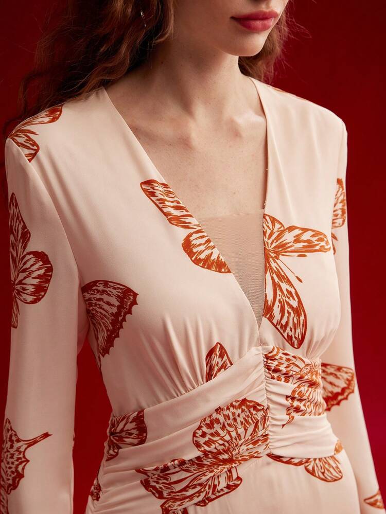 BUTTERFLY PRINT FLOWY RUCHED DRESS,VALENTINE'S DAY OUTFIT,SPRING/SUMMER
