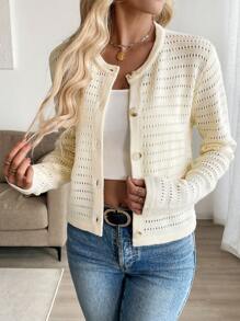 SHEIN LUNE Women's Apricot Round Neck Perforated Button & Fake Pocket Cardigan Sweater Fall Cloth For Women - Apricot - View 3