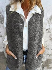 INAWLY Women Regular Fuzzy Button Vest Jacket, Autumn/Winter - Dark Grey - View 1