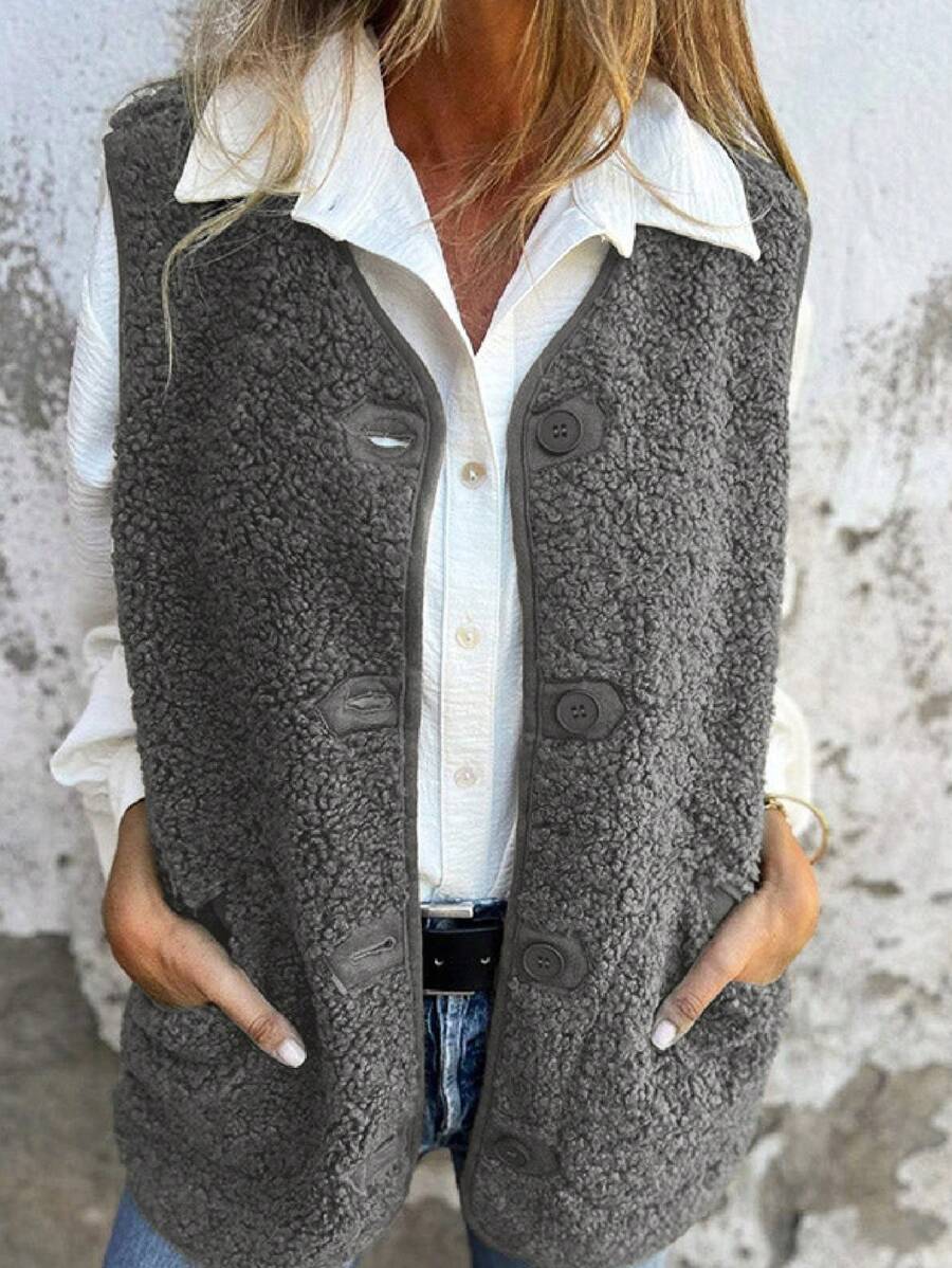 INAWLY Women Regular Fuzzy Button Vest Jacket, Autumn/Winter - Dark Grey - View 1