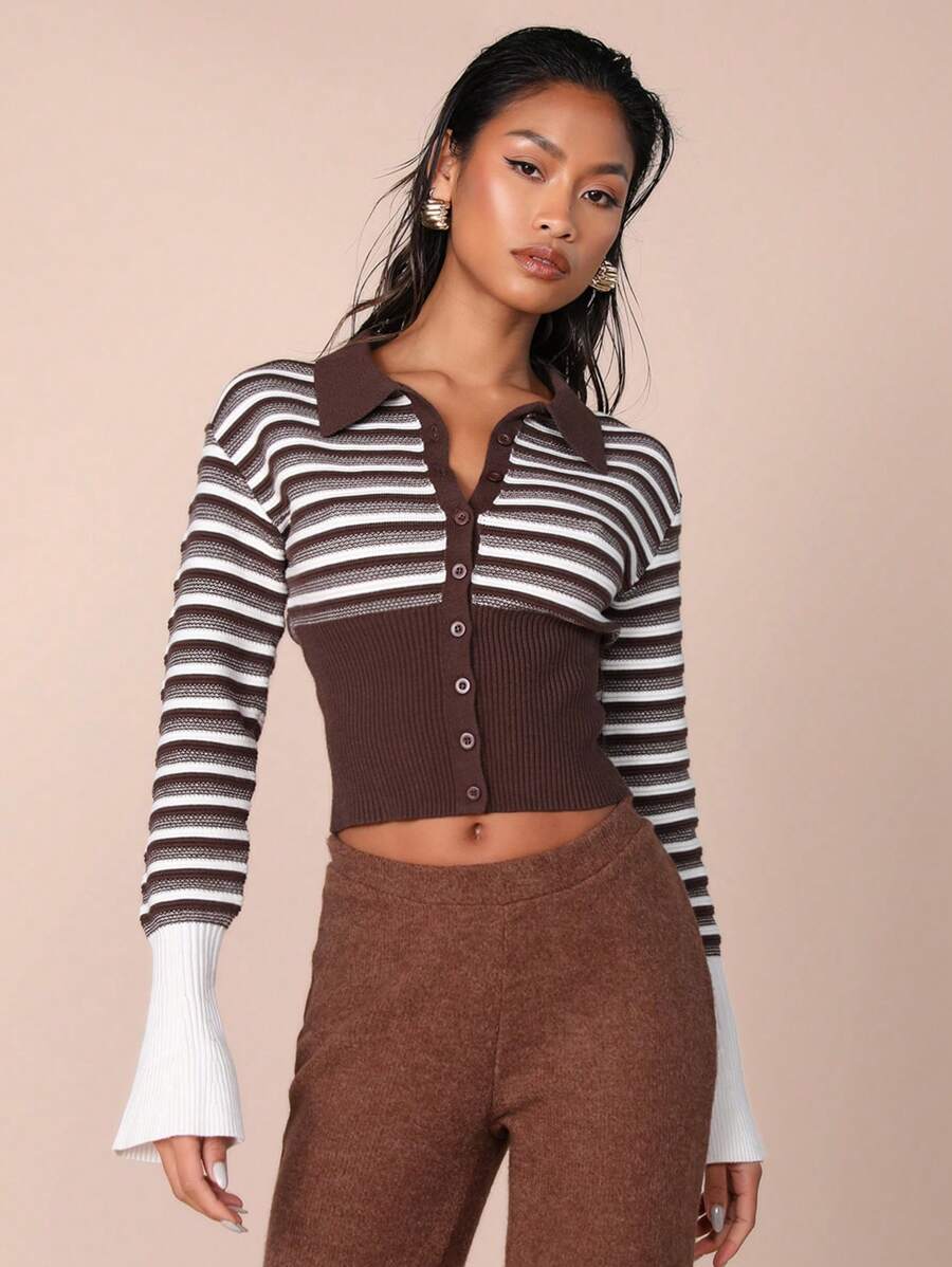 COSMINA 女式条纹长袖单排扣修身开衫，秋冬款 - 咖啡棕 - 查看 1