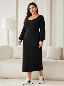 Mulvari Robe pull à manches lanterne de couleur unie, grande taille, style casual pour l'automne/l'hiver - Noir - Voir 5