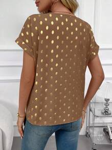 EMERY ROSE Women's Crew Neck Gold Foil Polka Dot Batwing Short Sleeve Shirt, Summer - Brown - View 2