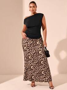 SHEIN BAE Blusa ajustada con cuello asimétrico y drapeado en negro sólido para talla grande, falda larga de línea A con acabado satinado en estampado de leopardo, sexy y elegante para una cita, té de la tarde, actividades al aire libre, adecuado para el verano y el Día de San Valentín