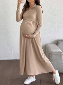 SHEIN Maternity Solid A-Line Dress - Khaki - View 3