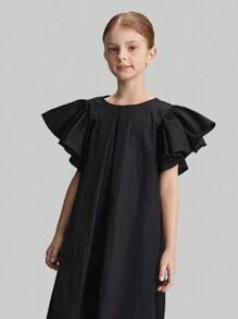 Ontre 简约建筑荷叶边袖 A 字裙，黑色，适合少女的极简主义设计，适合外出、上学、聚会、春夏季 - 黑色 - 查看 4