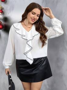 SHEIN LUNE 大码女式荷叶边领休闲办公衬衫、办公装、女士度假装、派对装、女士商务休闲装、女士西装、老钱风格、女士复古服装、春季、情人节、爱情/情人装 - 黑與白 - 查看 2