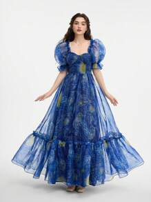 SHEIN MOD 梵高星夜印花蓝色女士长裙、万圣节服装、派对礼服 - 藍色 - 查看 2