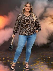 SHEIN LUNE 大码豹纹灯笼袖休闲衬衫，适合秋季新年派对衬衫，优雅的办公服装，大码女士优雅通勤简约时尚百搭畅销衬衫，春夏百搭流行设计时尚日常穿着优雅衬衫女式衬衫 - 棕色 - 查看 10