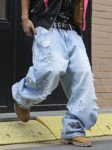 Manfinity EMRG Men's Grunge Ripped Pocket Simple Casual Jeans - Light Wash - View 4