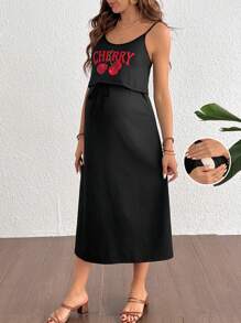 SHEIN Cherry Print Black Fitted Nursing Clothes For Maternity