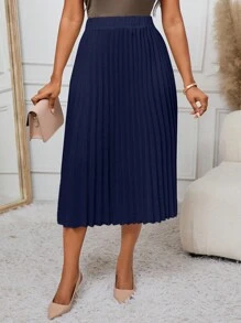 SHEIN Lady 2025 New Navy Blue Pleated A-Line Skirt, Versatile For Work And Occasions Chic Skirt Fall Outfits For Women Winter Outfits For Women Pleated Skirt Women Dark Blue Pleated Skirt