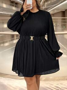 SHEIN CURVE+ Plus Size Women's Solid Color Ruffle Flare Sleeve Elegant Dress, Spring Summer - Black - View 7