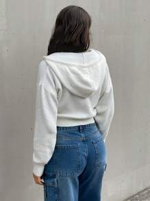 EURMUSE Cardigan Round Neck Hoodie And Zipper Detail - Beige - View 3