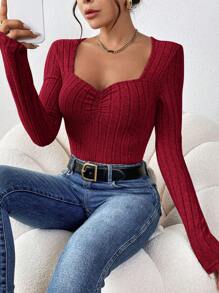 SHEIN Frenchy Women's Solid Color Long Sleeve Slim Fit Casual Everyday T-Shirt, Minimalist Style