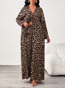 SHEIN Lady 女士豹纹长袖前系带长外套和阔腿裤宽松两件套，秋季