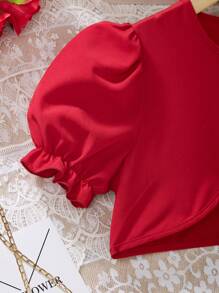 SHEIN 2pcs/Set Tween Girls Valentine's Day Floral Print Ruffle Dress With Puff Sleeve Cardigan, & Elegant, Spring/Summer - Multicolor - View 7