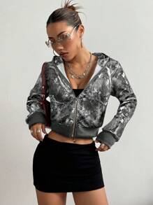 StreetHx Fashionable Camo Print Zip-Up Hoodie With Cropped Hemline - Multicolor - View 4
