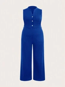 Slaydiva Plus Size Women's Sleeveless Stand Collar V-Neck Slit Front Long Jumpsuit,Slim Fit Royal Blue,Summer Smart Casual Everyday Elegant Vacation Jumpsuits - Blue - View 1