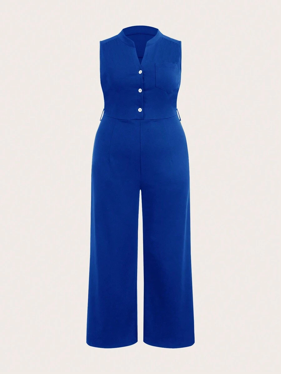 Slaydiva Plus Size Women's Sleeveless Stand Collar V-Neck Slit Front Long Jumpsuit,Slim Fit Royal Blue,Summer Smart Casual Everyday Elegant Vacation Jumpsuits - Blue - View 1