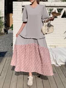 DAZY Women's Color Block Round Neck Frill Trim Patchwork Short Sleeve Dress Sundress - Grey - View 1