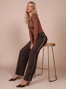 COSMINA Calça Reta de Perna Regular em Estilo Patchwork