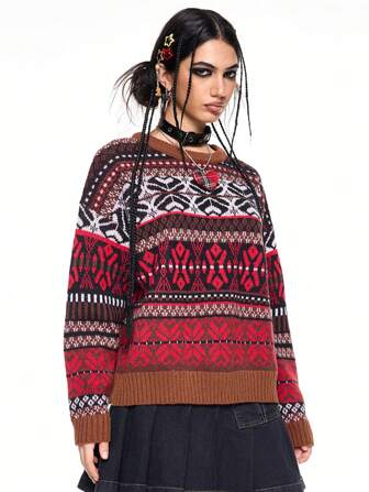 ROMWE Avant Suéter de mujer con diseño de totem en tejido jacquard, estilo retro subcultura Y2K Fairycore