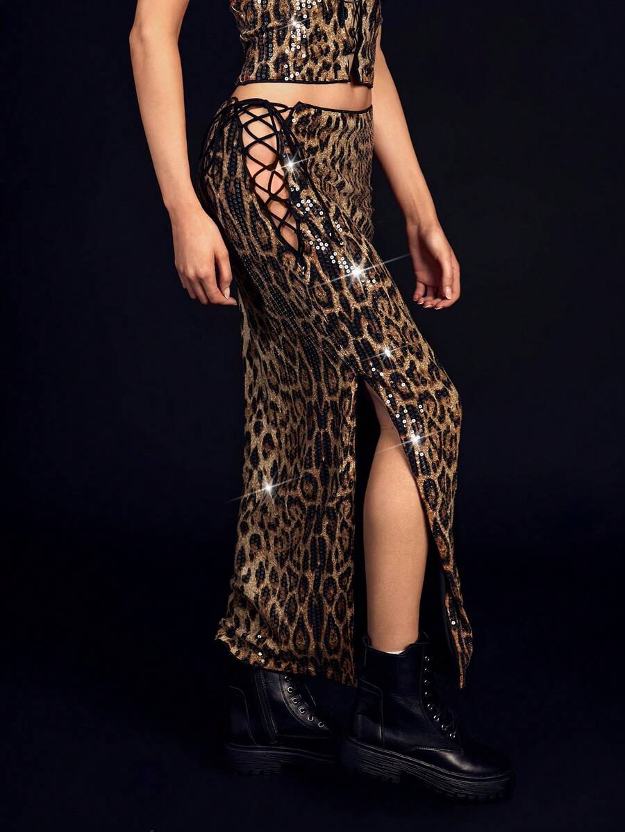 SHEIN EZwear Women Leopard Printed Skirt, Casual Minimalist Style For Everyday Wear - Multicolor - View 1
