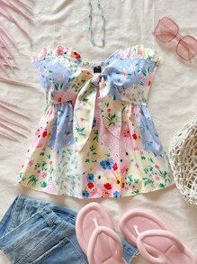 Soleia Top tipo tubo casual de vacaciones con nudo y estampado floral ditsy para mujer