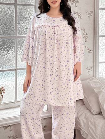 CottageSlumber Plus Size Women Loose Top & Pants Pajama Set With Pink-Purple Ditsy Floral, Ruffled Edge Decor, Cozy And Elegant Details, Fall Clothes