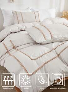 Beige Bedding Pom Pom Duvet Cover Set Boho Farmhouse Bedding Set Queen,King With Zipper Closure 3 Pieces Mini Pom Pom Decor Beige Comforter Cover Soft Microfiber Duvet Cover For Boys Girls 1 Duvet Cover 2 Pillowcases No Comforter,For All Seasons