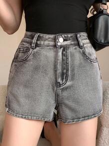 DAZY 女式侧开衩前扣口袋简约休闲牛仔短裤